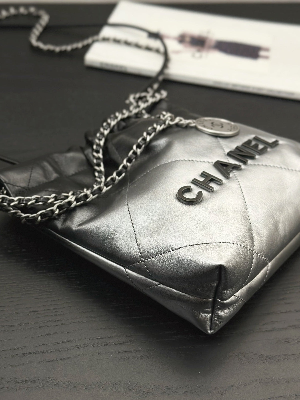 CHANEL HOBO MINI 20CM BLACK GREY LAMBSKIN SILVER HARDWARE