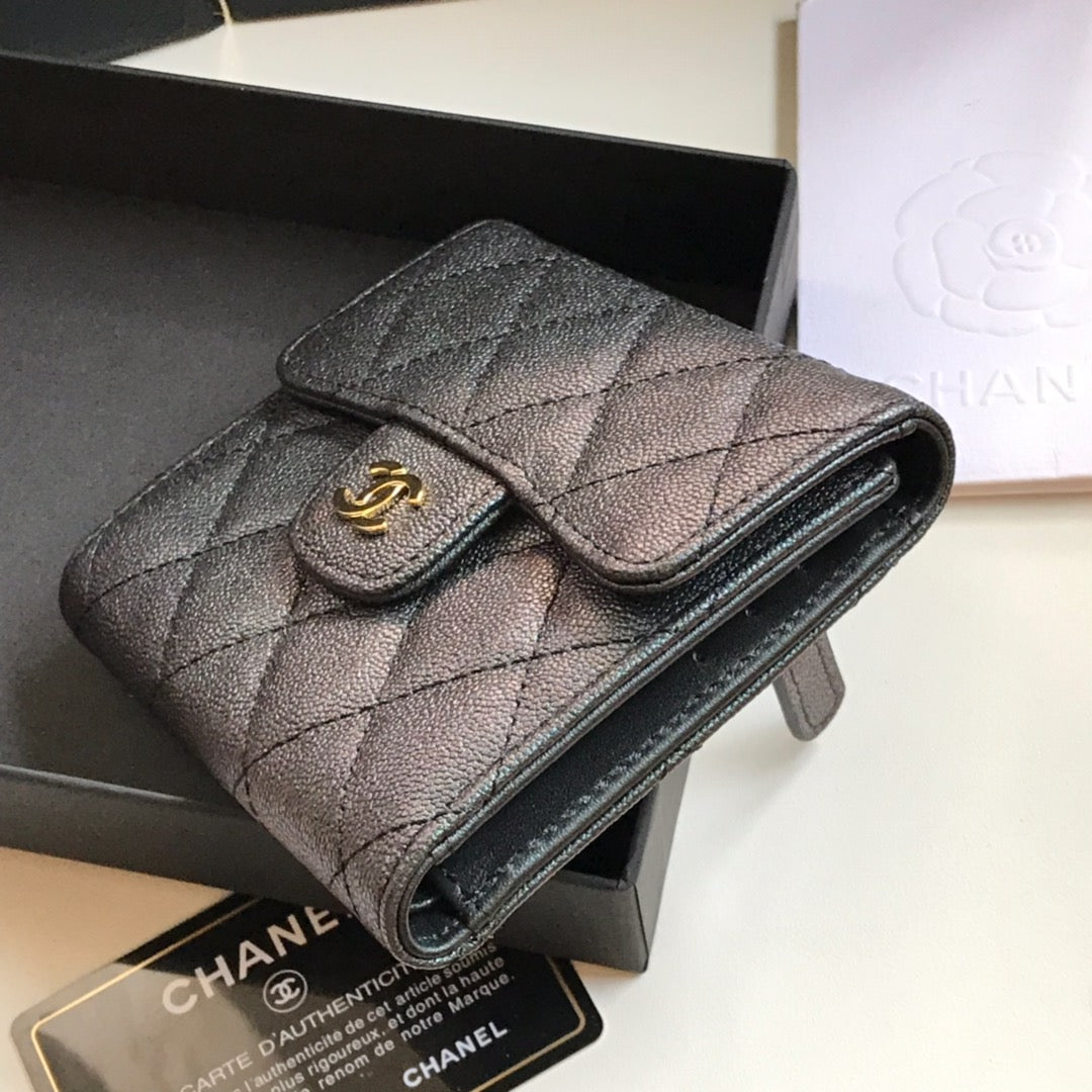 CHANEL FLAP CARD HOLDER 11.5 BLACK GRAINED CALFSKIN WITH GOLD ICON