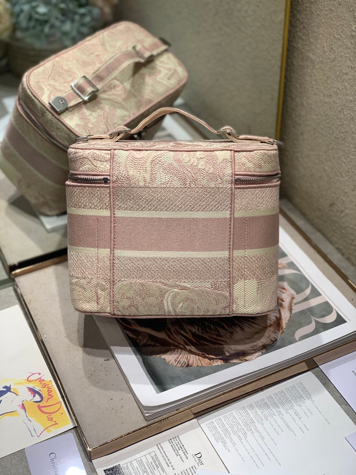 DIOR CROSSBODY MINI 18 VANITY CASE IN PEACH PINK MONOGRAM OBLIQUE JACQUARD