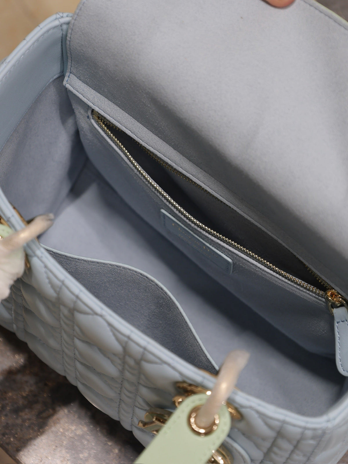 DIOR LADY BAG 24 IN BABY BLUE QUILTED MACROCANNAGE CALFSKIN GREEN STRAP