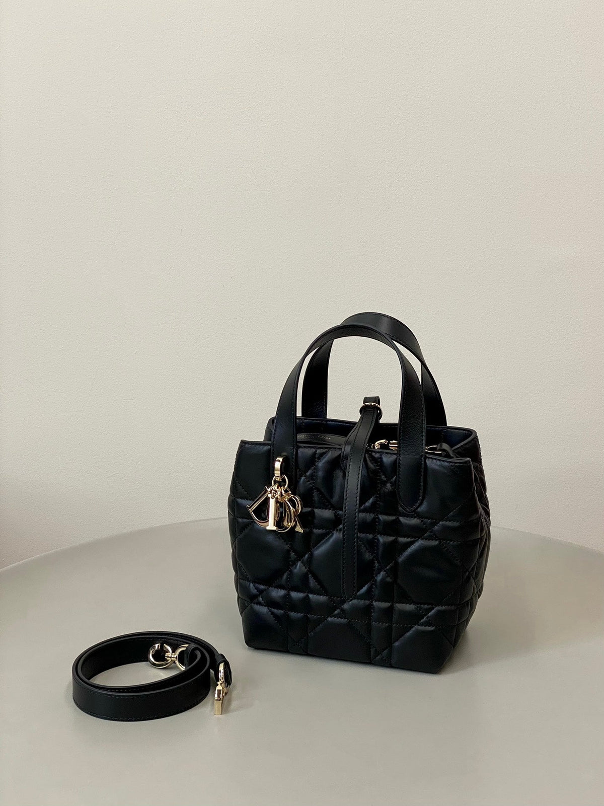 DIOR MINI TOUJOURS BUCKET BAG 18 IN BLACK CANNAGE CALFSKIN