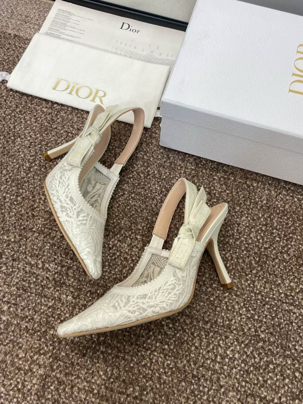 DIOR J'A SLINGBACK PUMPS IN IVORY WHITE EMBROIDERED LACE