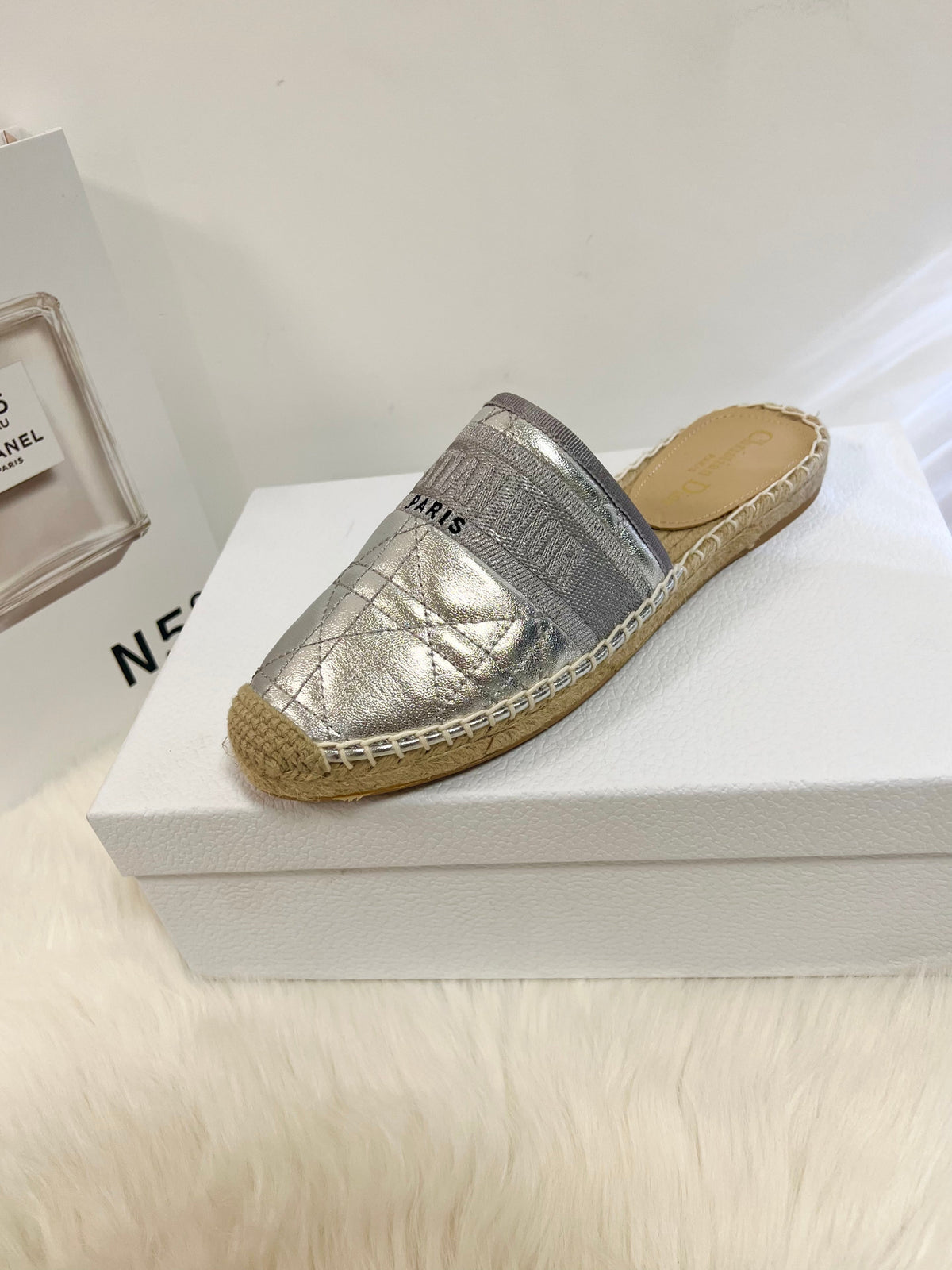 DIOR GRANVILLE ESPADRILLE MULE SILVER QUILTED CANNAGE CALFSKIN