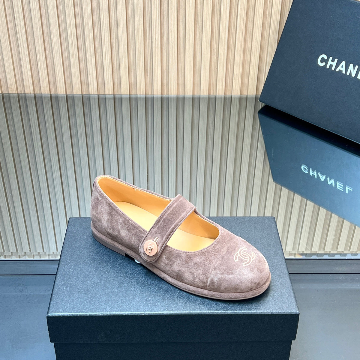 CHANEL 25S DOUBLE-STRAP MARY JANE SHOES IN TAUPE GRAY SUEDE
