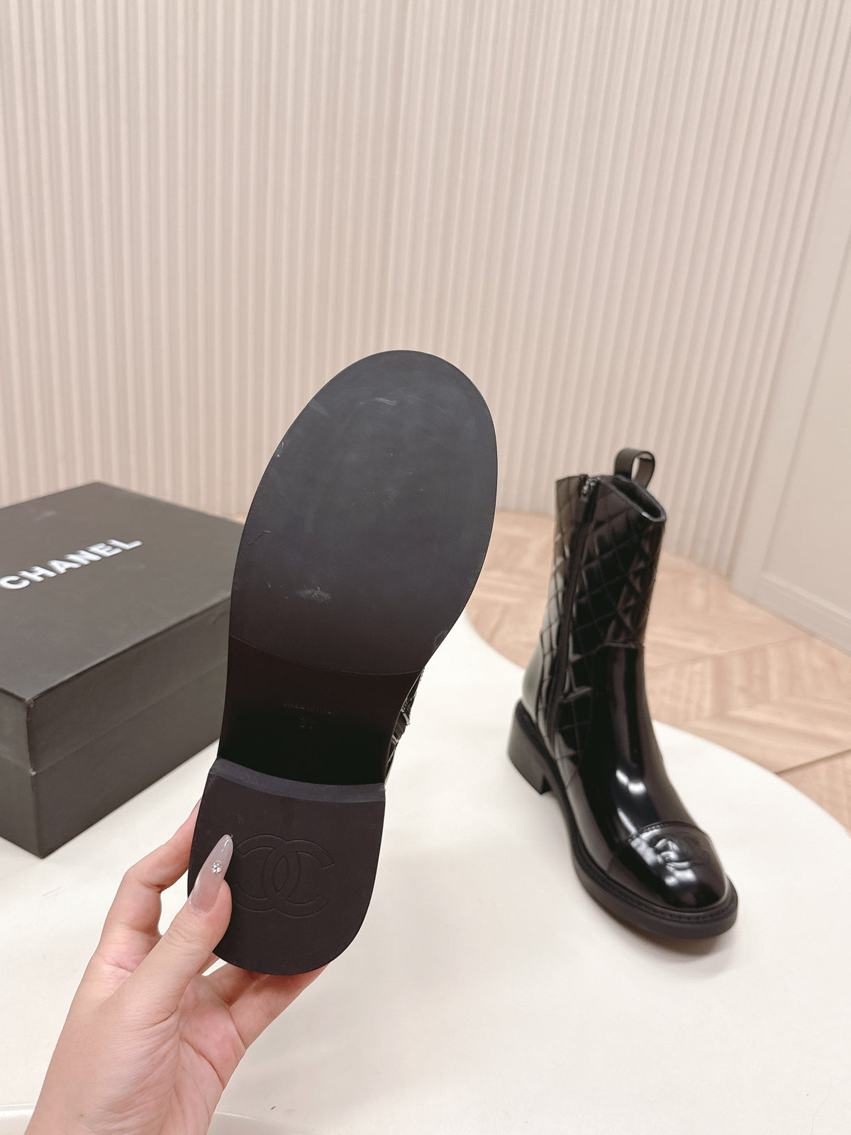 CHANEL ANKLE BOOTS 25S IN BLACK GLOSSY LAMBSKIN WITH GOLD HARDWARE