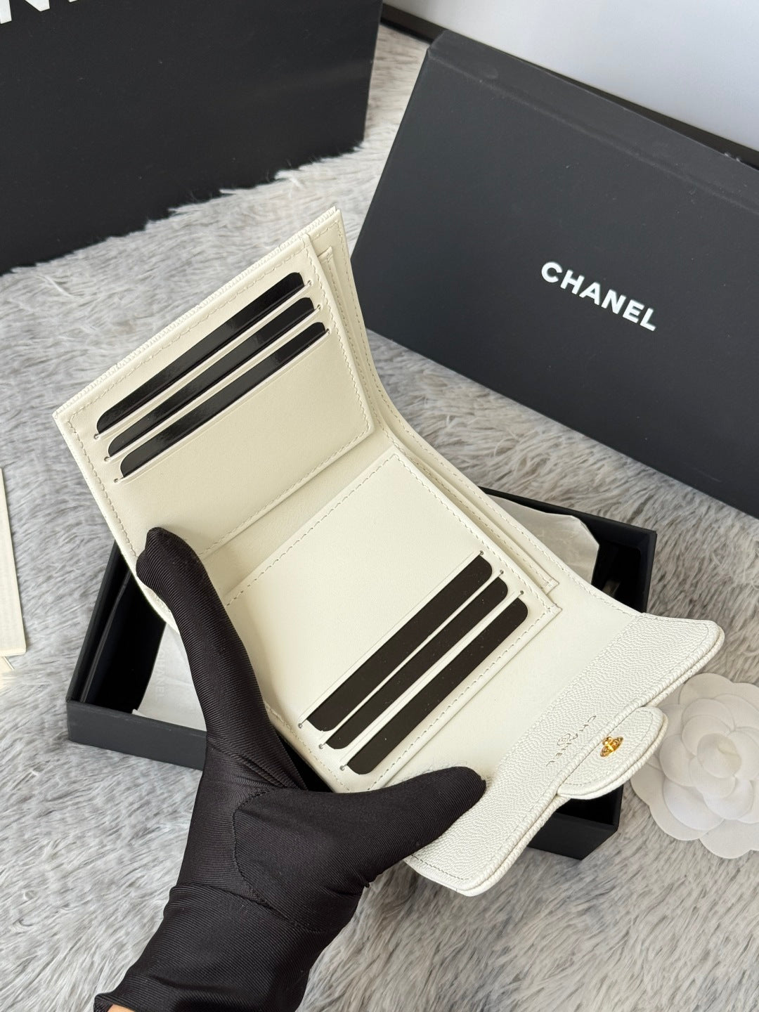 CHANEL 25S CF SMALL TRI FOLD WALLET 11 IN IVORY CAVIAR GOLD HARDWARE