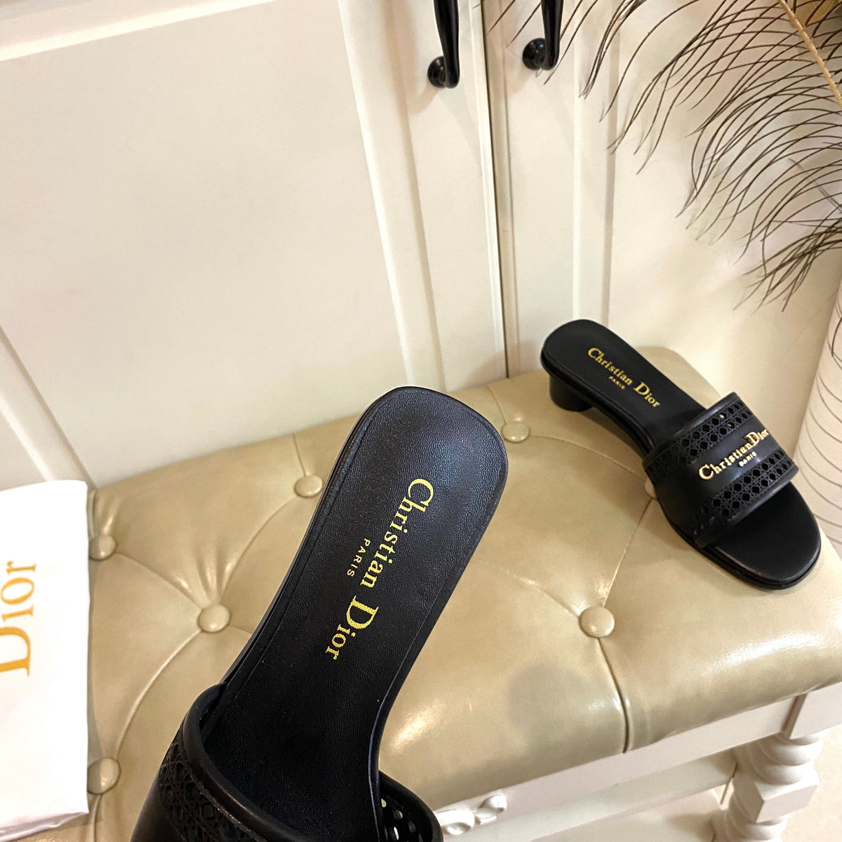 DIOR DWAY HEELED SLIDE IN BLACK CALFSKIN WITH GOLD LOGO