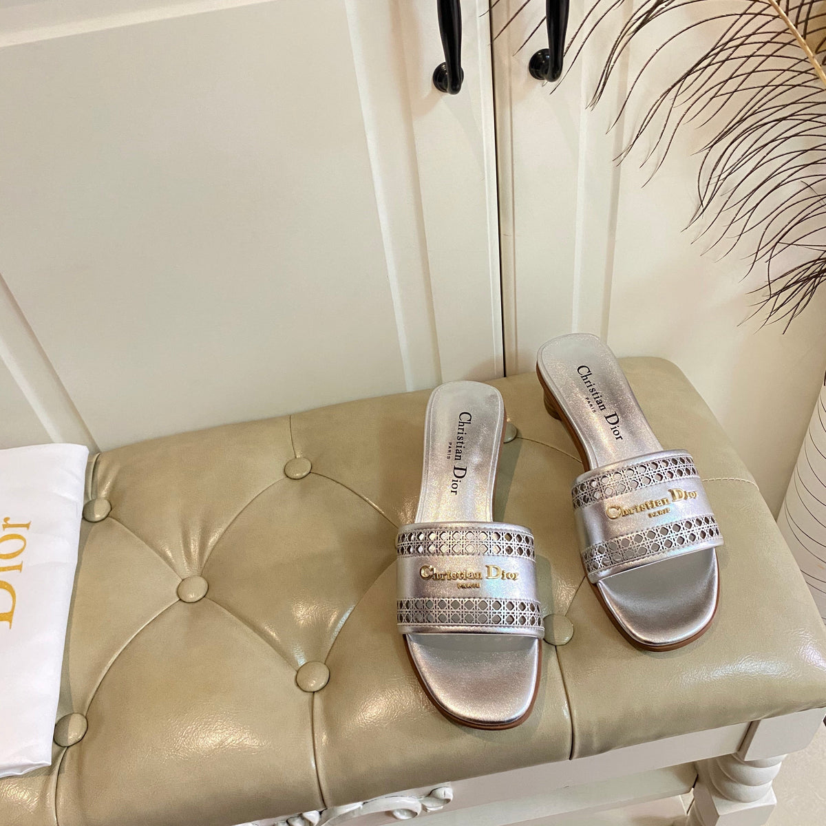 DIOR DWAY HEELED SLIDE IN SILVER CALFSKIN WITH GOLD LOGO