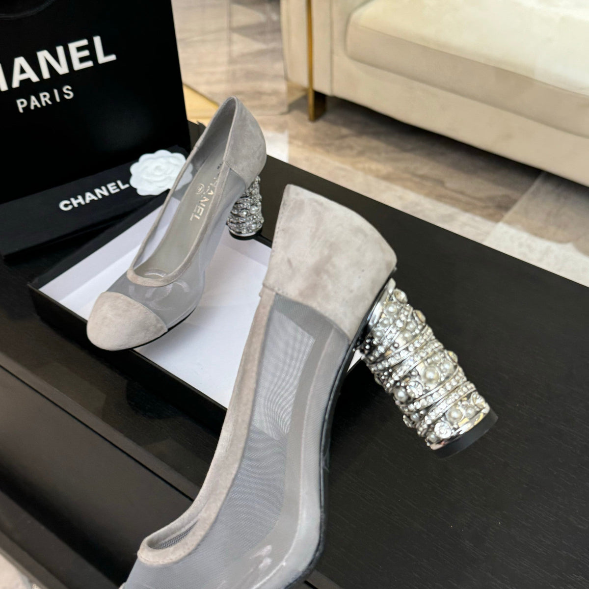 CHANEL HIGH HEEL 85 MM SANDALS IN PALE GRAY SUEDE AND MESH