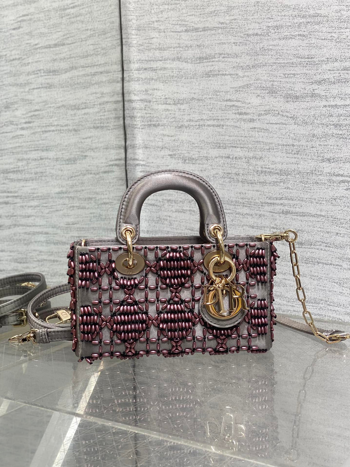 DIOR MINI LADY BAG 16 IN WENGE BROWN SATIN AND CALFSKIN WITH BEADED DESIGN