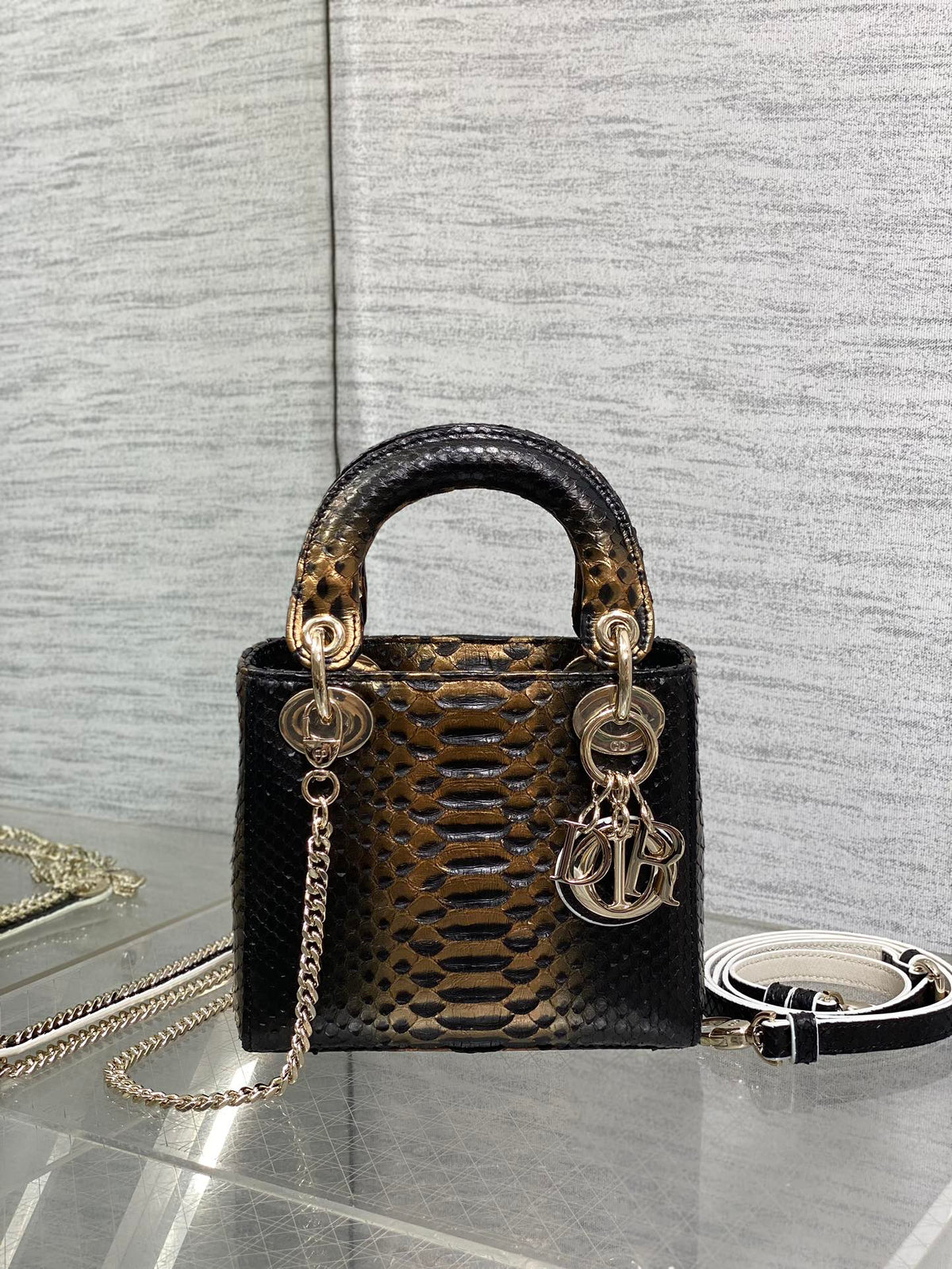 DIOR MINI 17 LADY BAG IN BLACK MIX COFFEE BROWN SNAKESKIN PATTERN LAMBSKIN