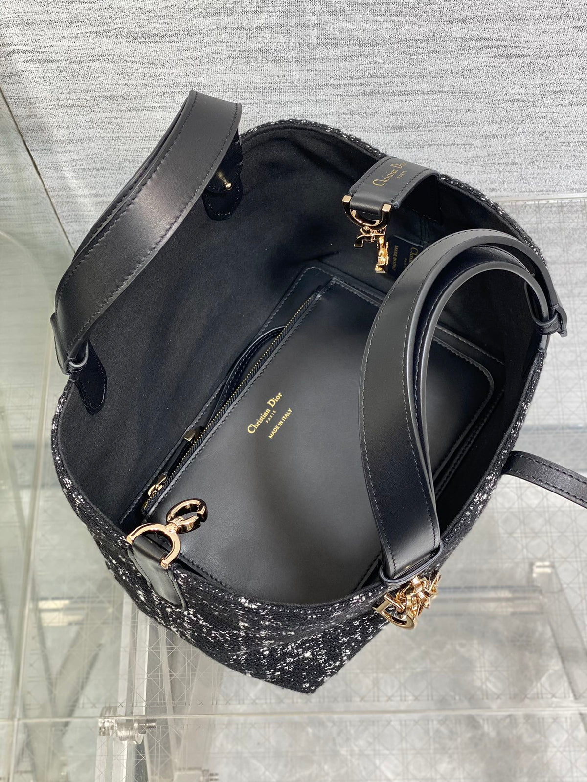 DIOR MINI 23 TOUJOURS BAG IN BLACK MIX WHITE CANNAGE TWEED WITH GOLD HARDWARE