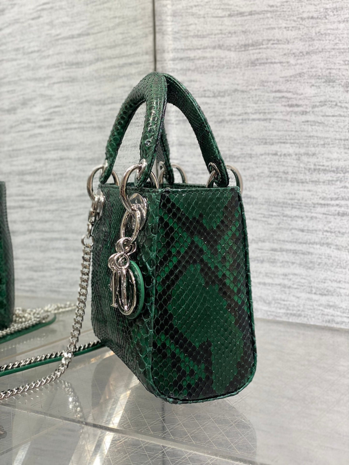 DIOR MINI 17 LADY BAG IN GREEN FOREST MIX BLACK SNAKESKIN PATTERN LAMBSKIN