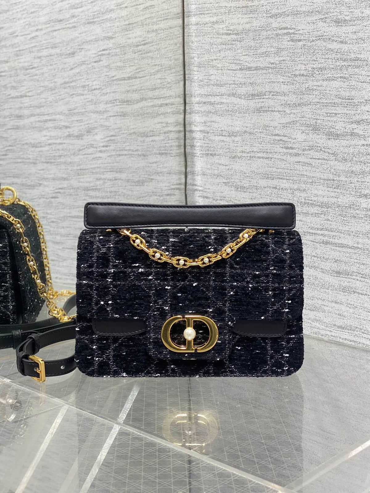 DIOR SMALL 22 JOLIE TOP HANDLE BAG IN BLACK MIX WHITE CANNAGE TWEED