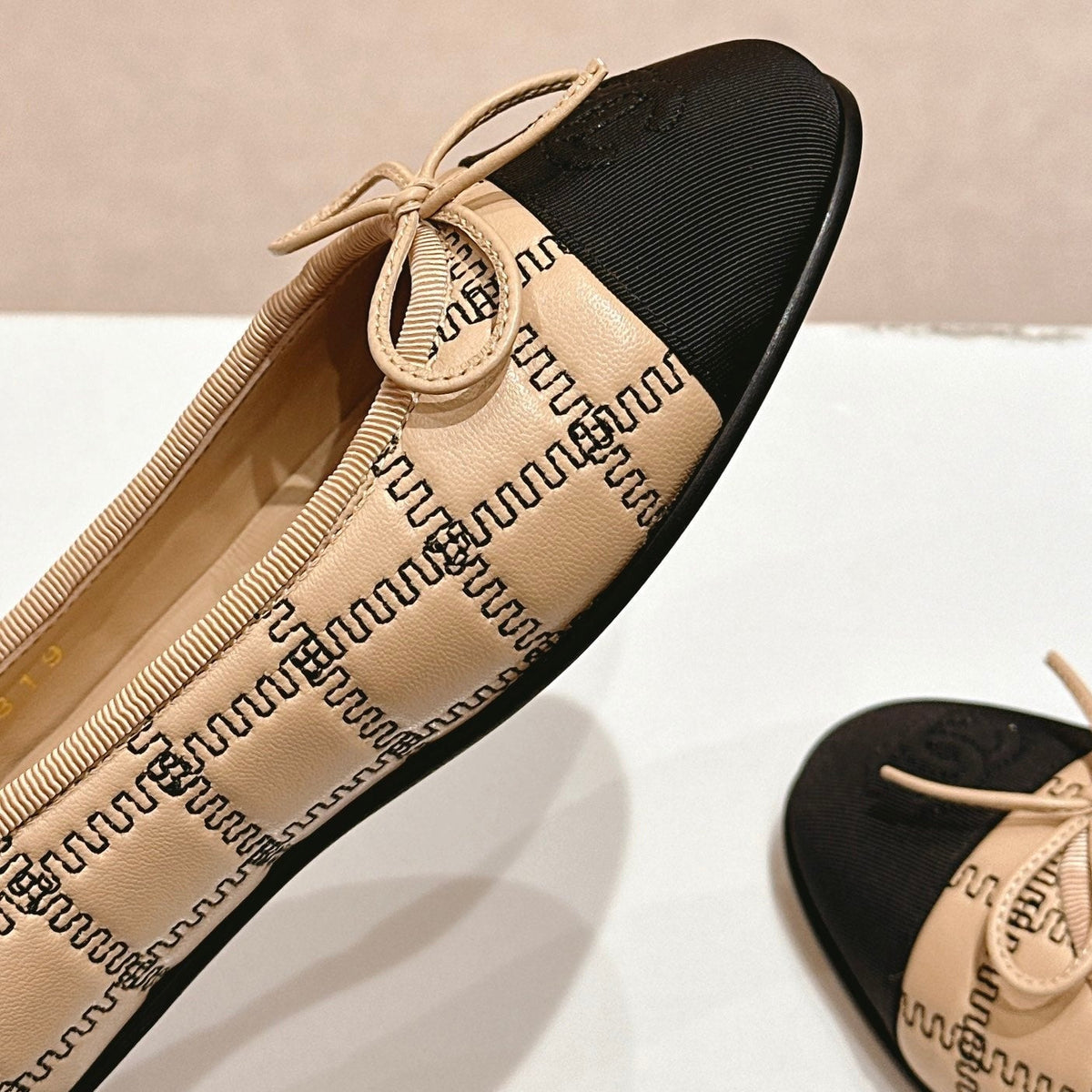 CHANEL Double C New Ballet Flats Dark Cream Black Lambskin
