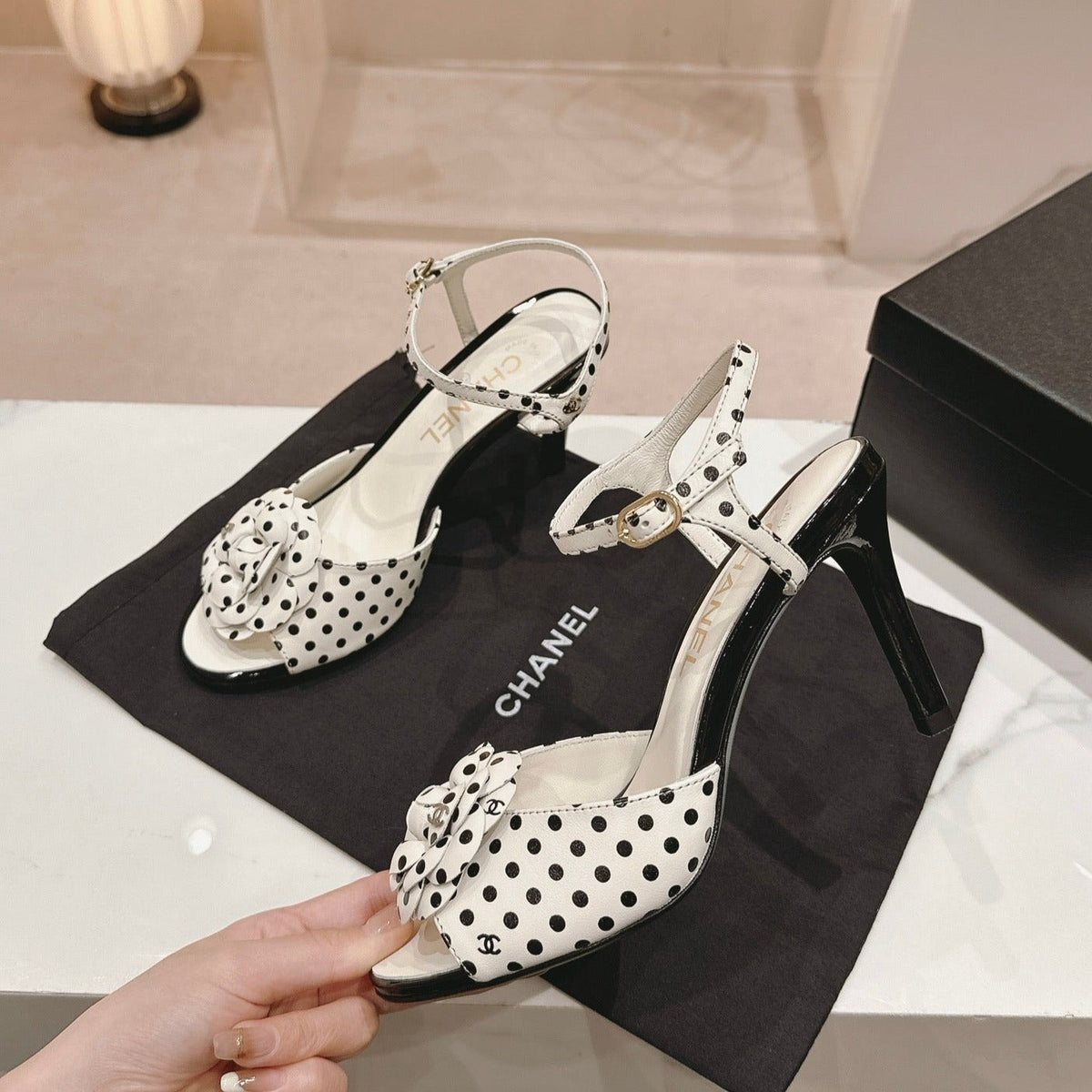 CHANEL Double C New Camellia High Heel Sandals White/ Black Caro