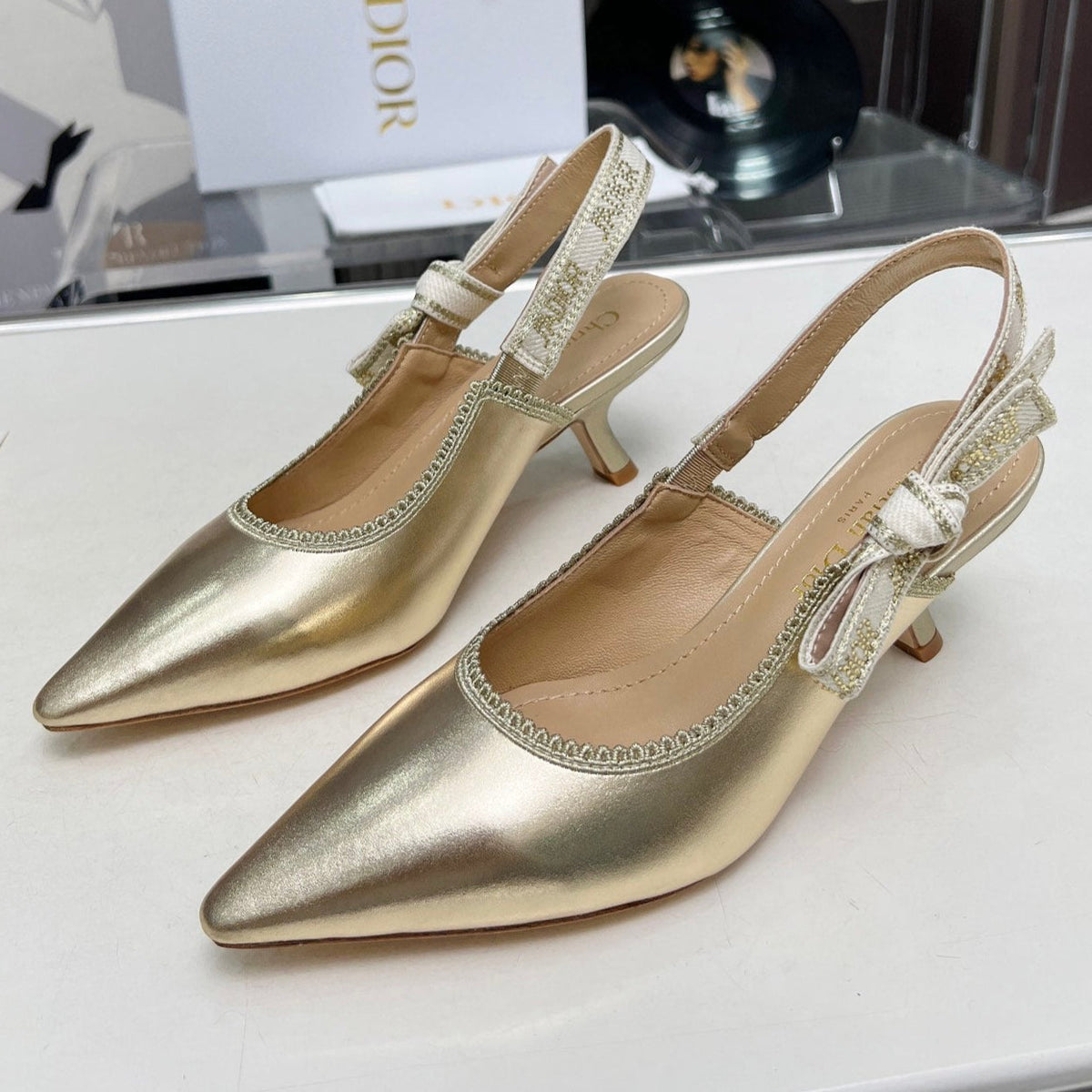 DIOR J'A SLINGBACK PUMP LIGHT GOLD CALFSKIN AND EMBROIDERED FABRIC 65 MM