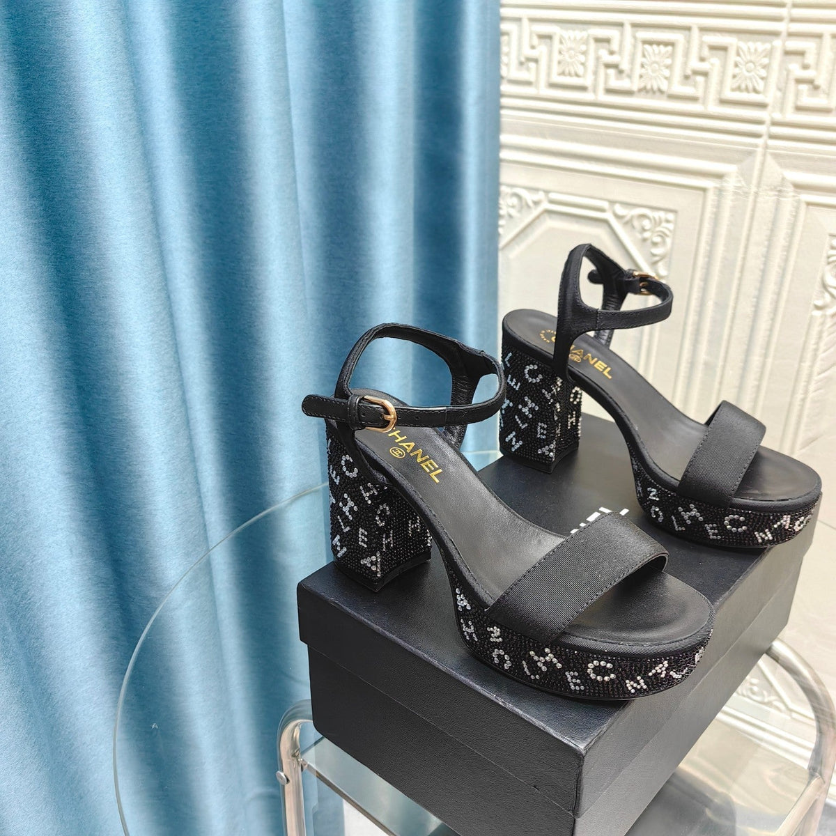 CHANEL Chunky Heel Rhinestone High Sandals Black Lambskin
