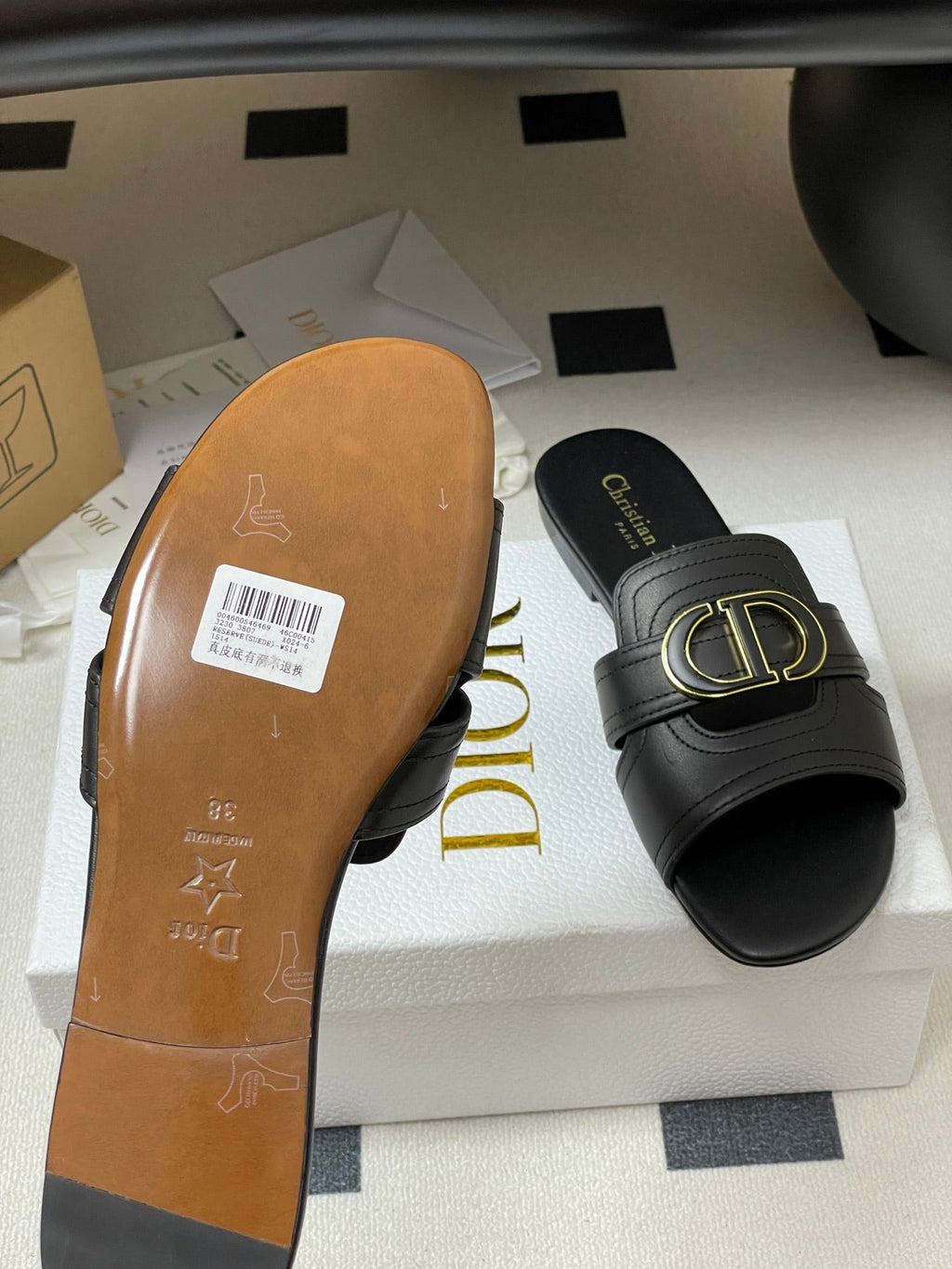 DIOR CLASSIC MONTAIGNE SANDALS 25S IN BLACK LAMBSKIN WITH CD LOGO