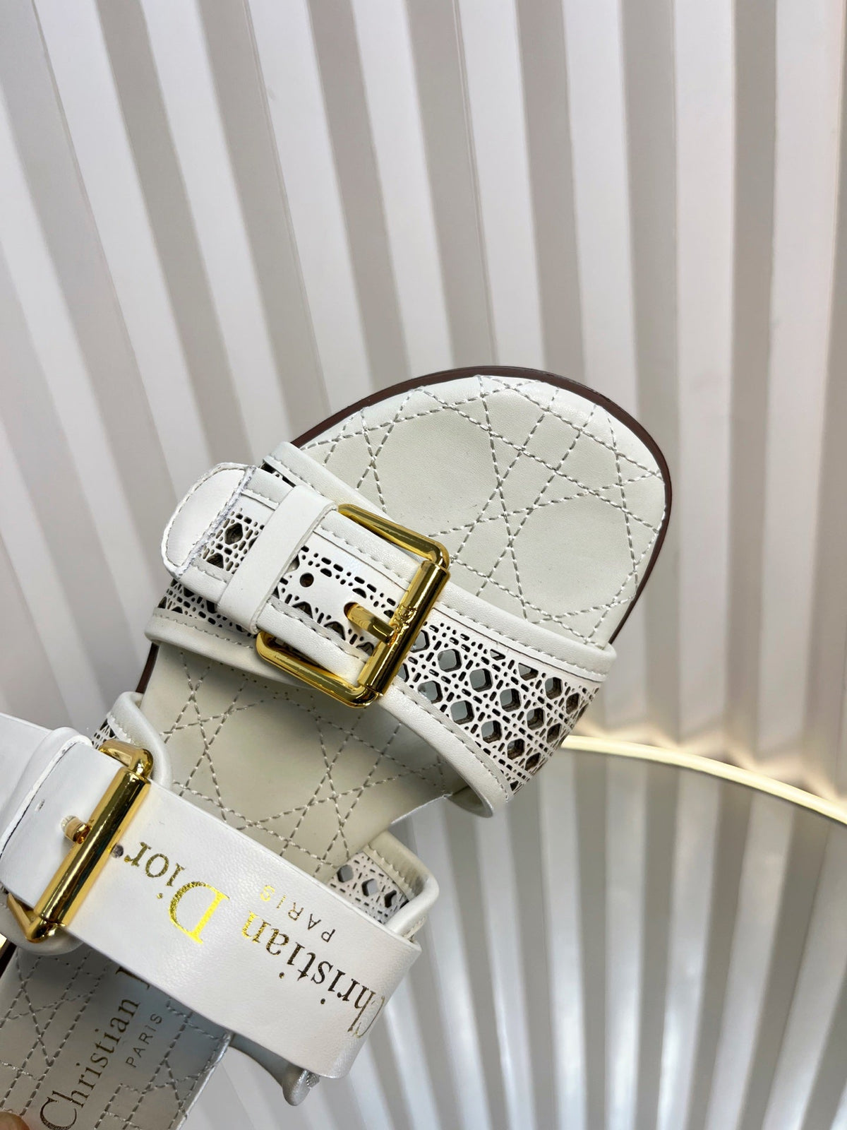 DIOR D-AVENUE SLIDES 25S IN WHITE CALFSKIN MICRO CANNAGE MOTIF