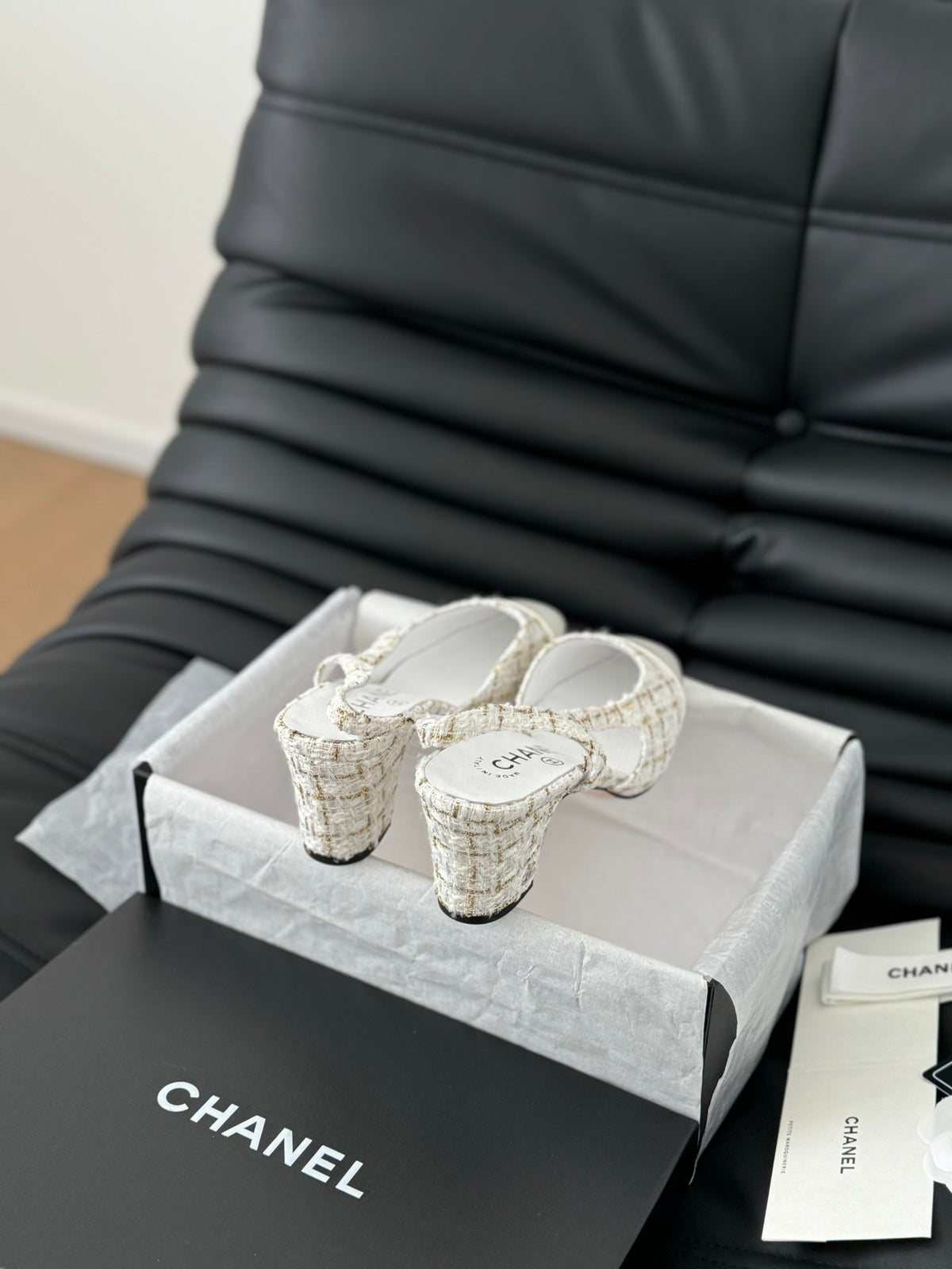 CHANEL HIGH SLINGBACK IN WHITE TWEED AND LAMBSKIN