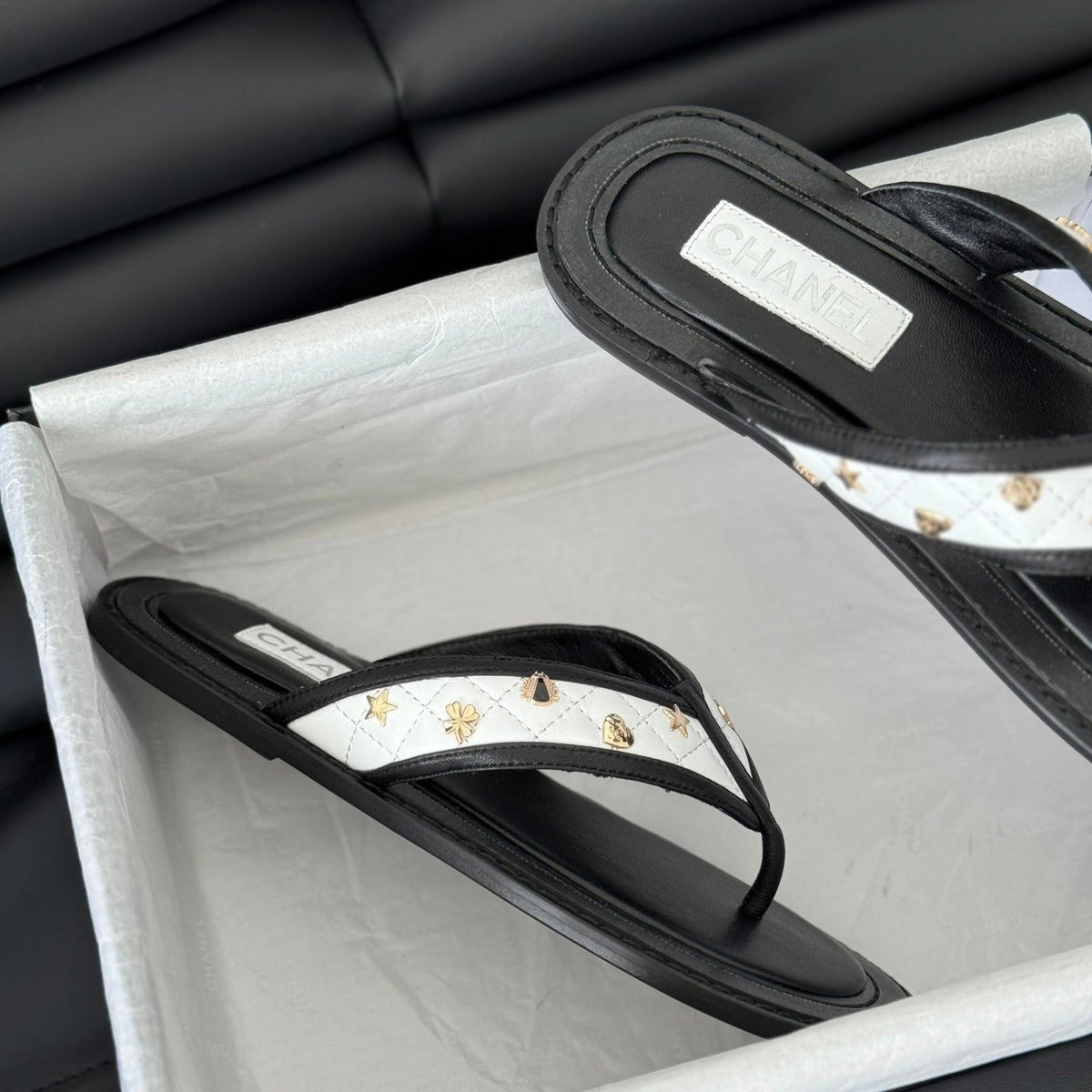 CHANEL Double C Thong Sandals Lambskin Black White