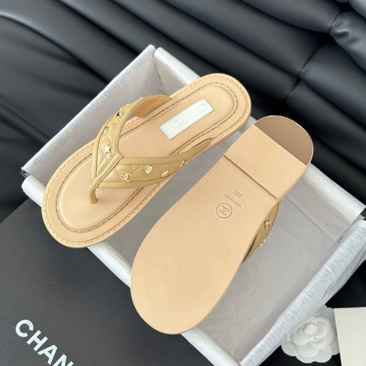 CHANEL Double C Thong Sandals Lambskin Tan Brown