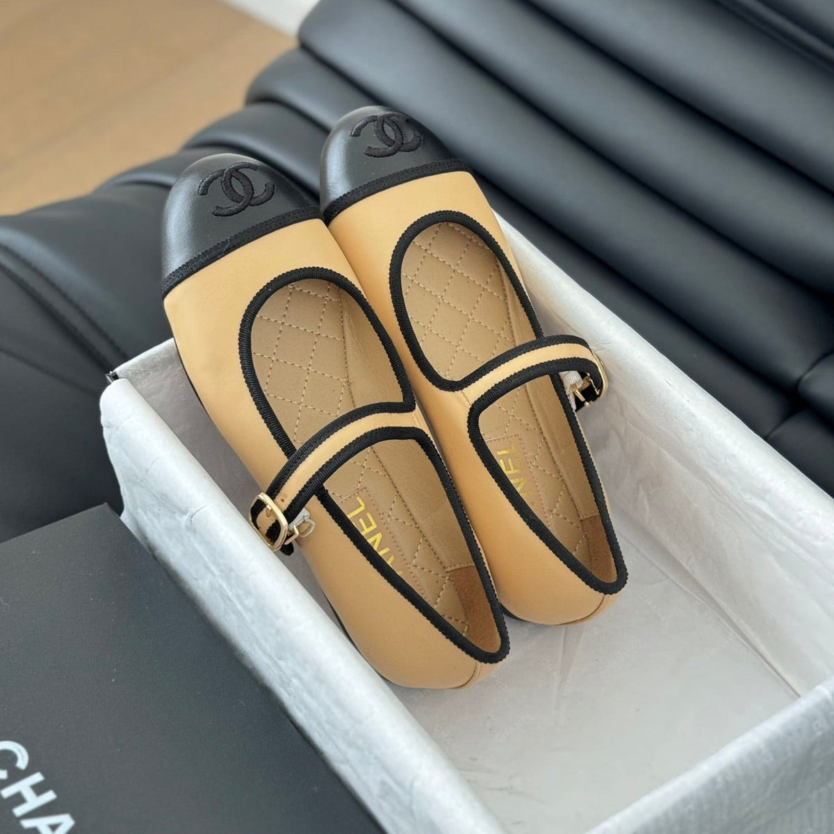 CHANEL Double C Marry Jane Shoes Yellow Cream Lambskin