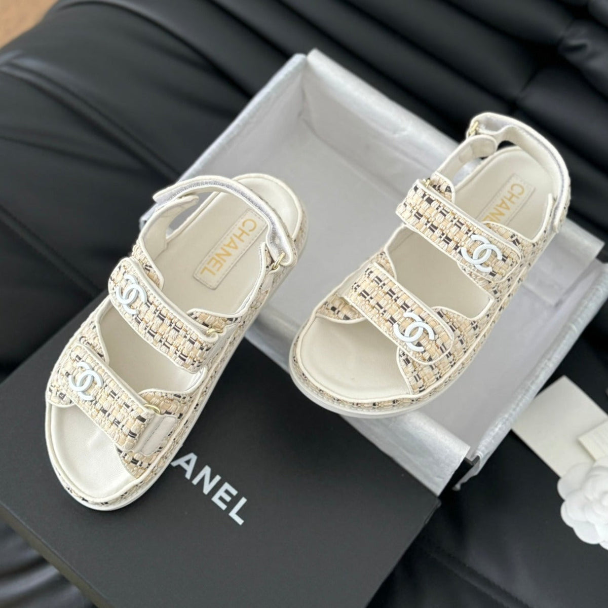 CHANEL Dad Sandals Sheepskin Beige Cream