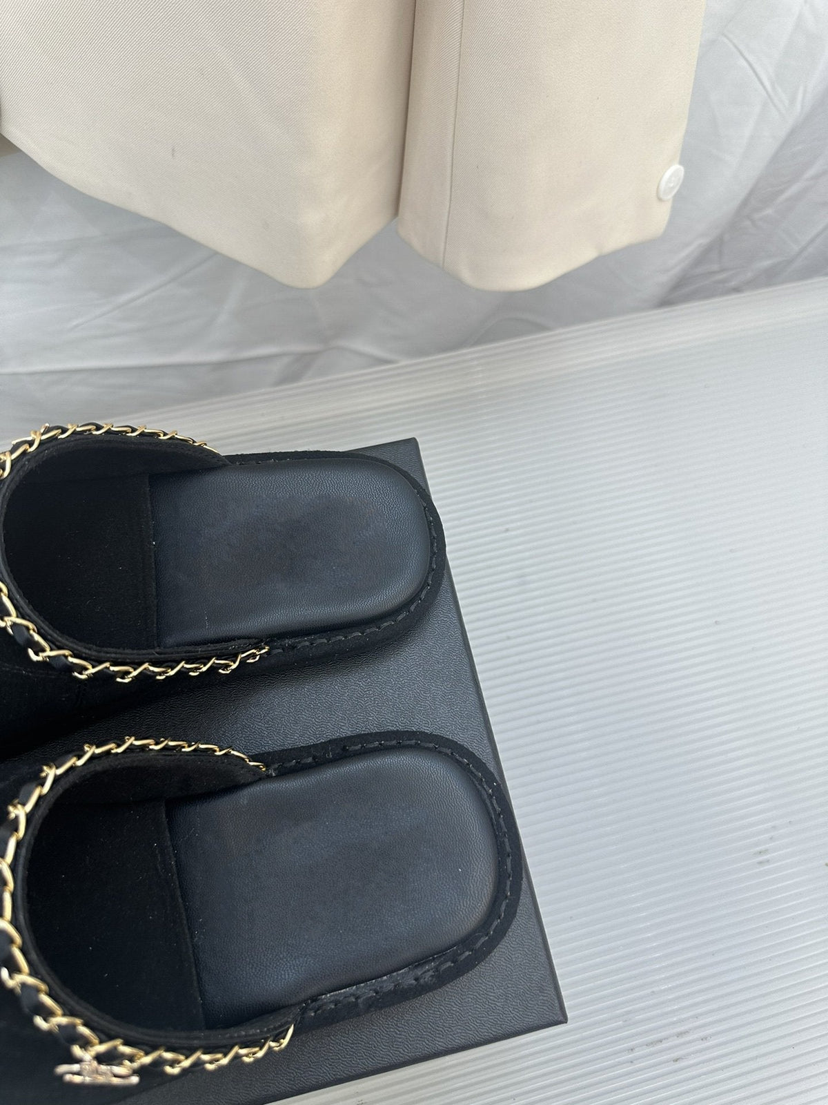 CHANEL Black Suede Gold Chain Mules