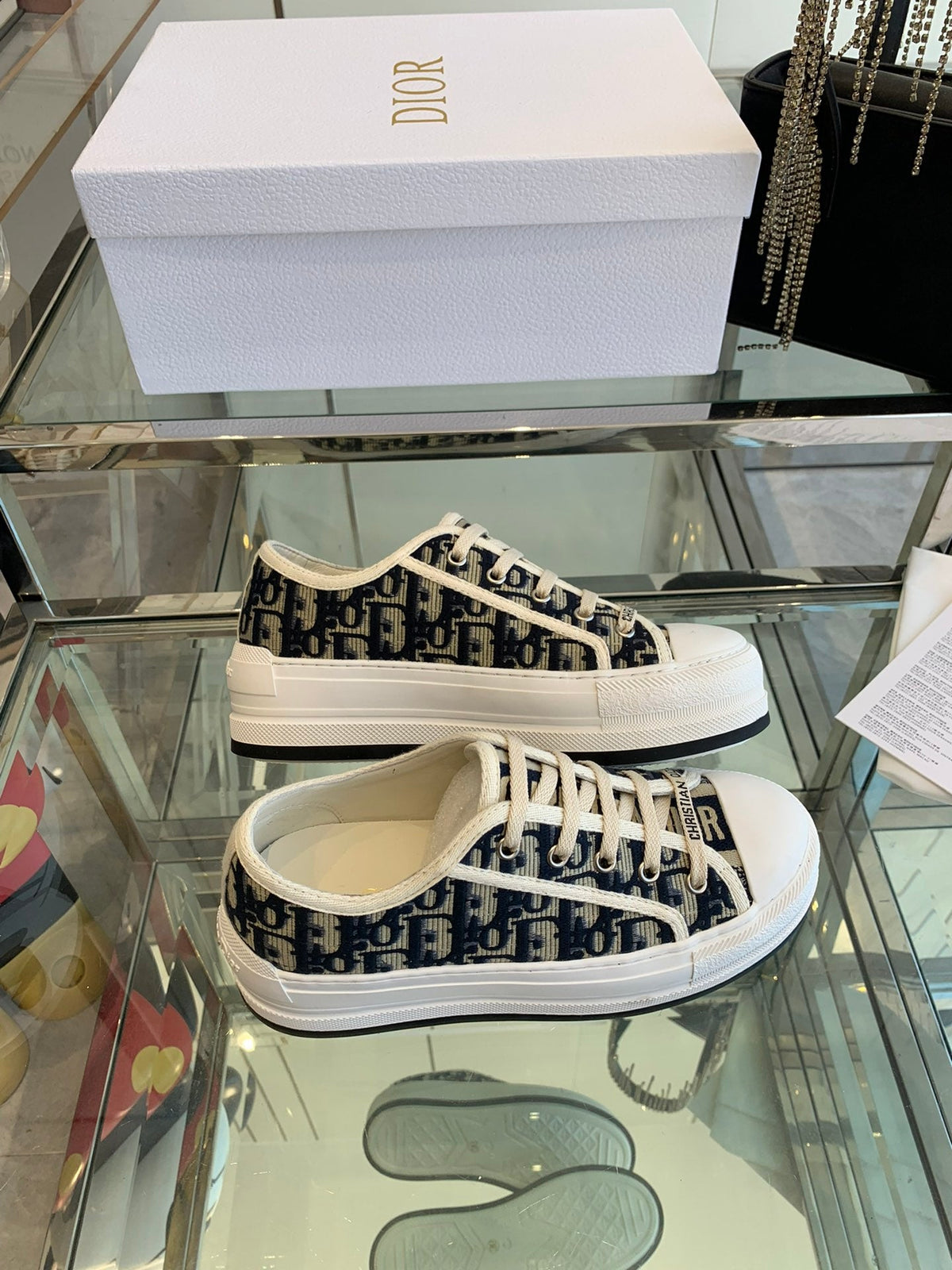 DIOR WALK'N PLATFORM SNEAKER IN BLACK MIX CAMEL BROWN EMBROIDERY ICONIC PATTERNS FABRIC