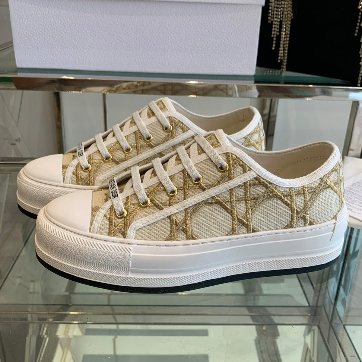 DIOR WALK'N PLATFORM SNEAKER IN BEIGE-GOLD TONE EMBROIDERED FABRIC