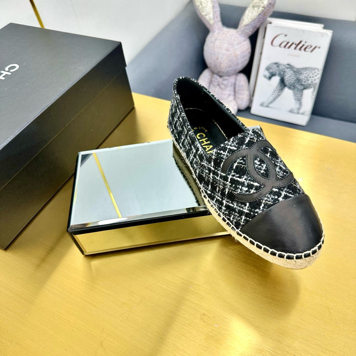 CHANEL ESPADRILLES PLATFORM 25S IN BLACK TWEED AND CALFSKIN