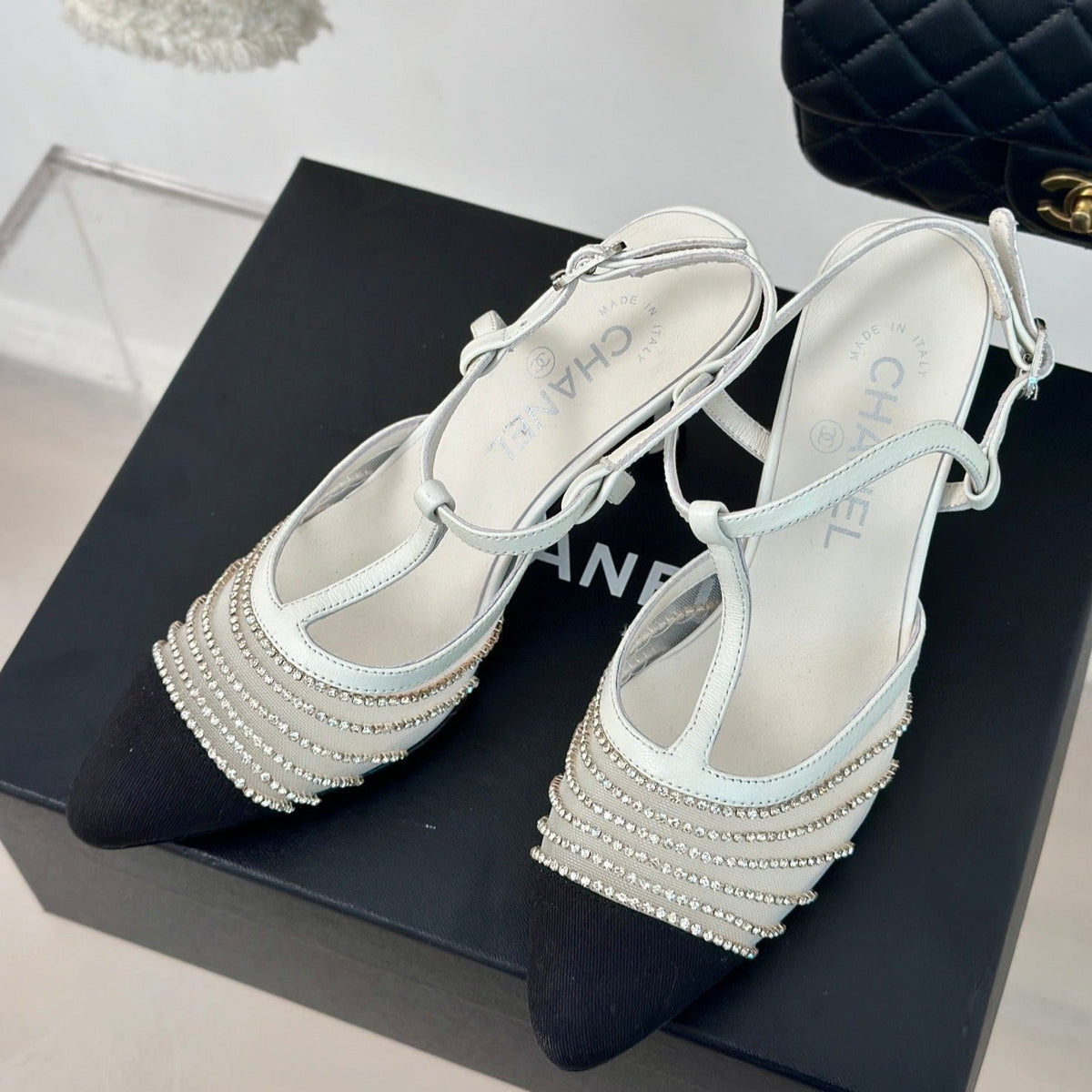 CHANEL Crystal Flat High Heel Sandals White
