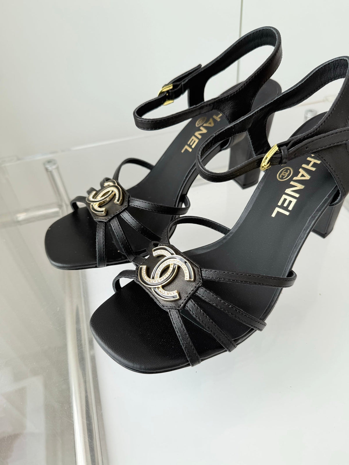 CHANEL HIGH HEEL SANDALS 85 MM IN BLACK LAMBSKIN