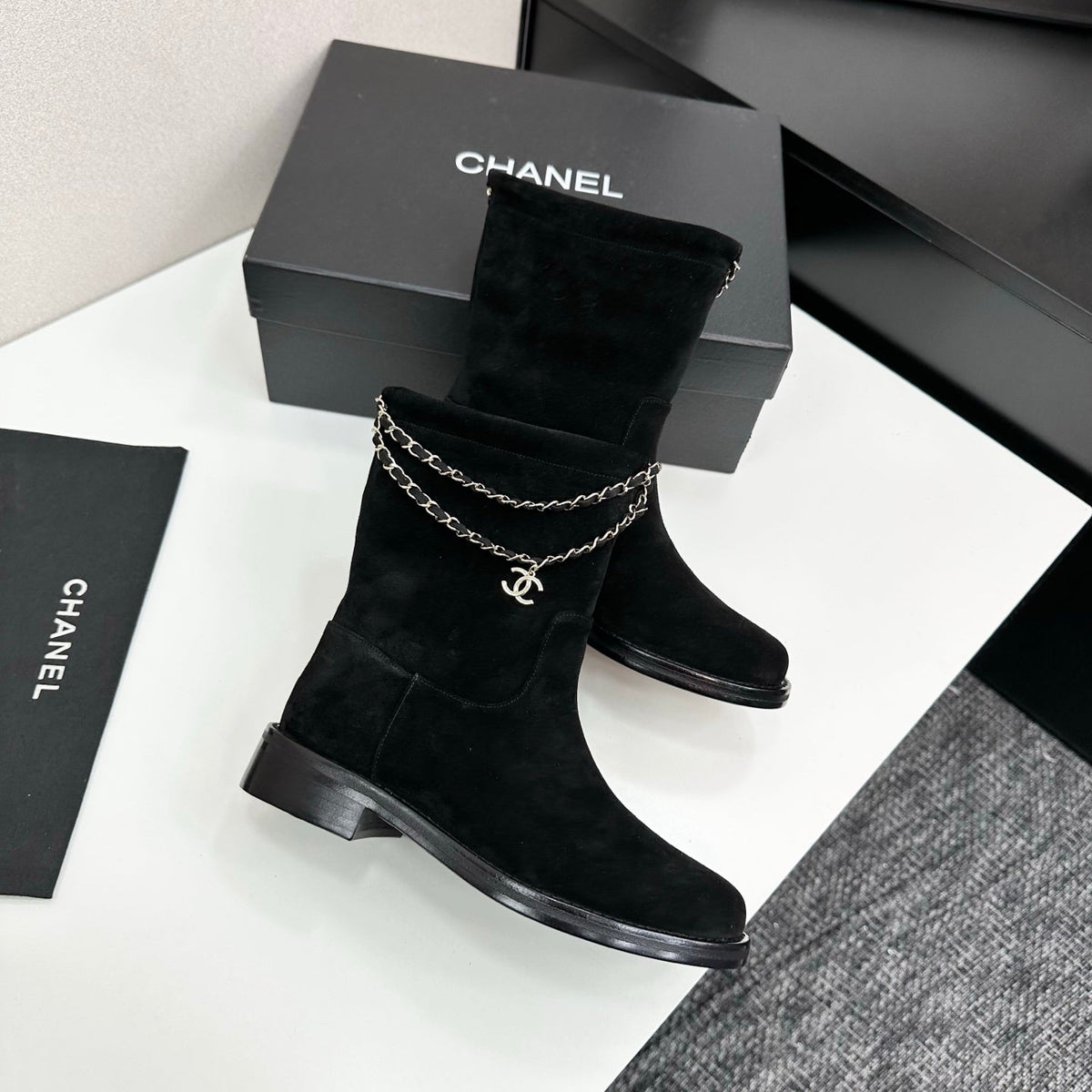 CHANEL 25S SHORT BOOTS IN BLACK SUEDE SILVER HARDWARE