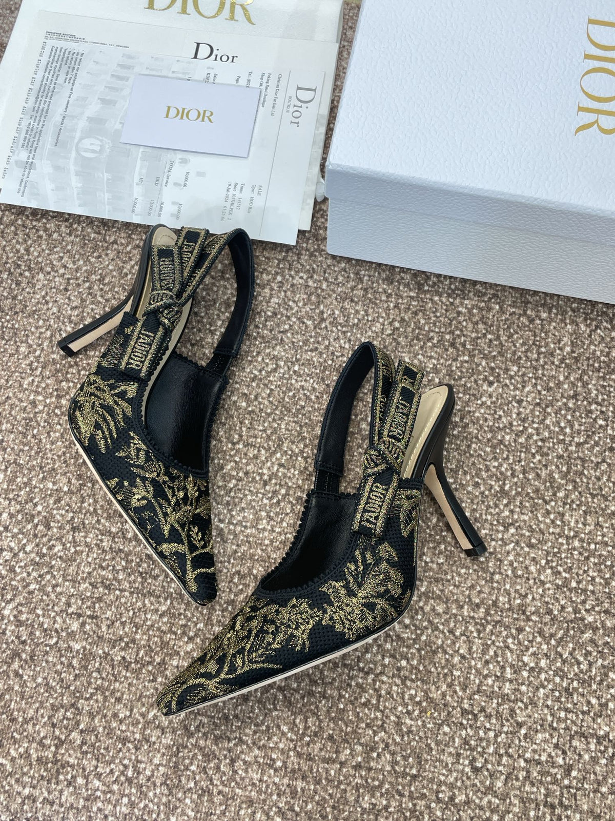 DIOR J'A HIGH SLINGBACK PUMP BLACK AND GOLD-TONE MILLEFIORI JACQUARD 95 MM
